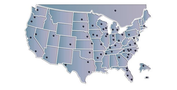 Map showing Pacific Packaging locations across the United States